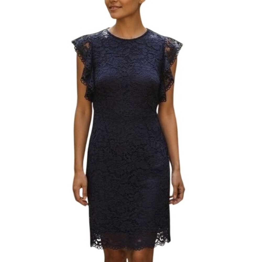 Vince Camuto Navy Blue Lace Dress Sz 4 Ruffled Sleeveless Zip Up Body Con